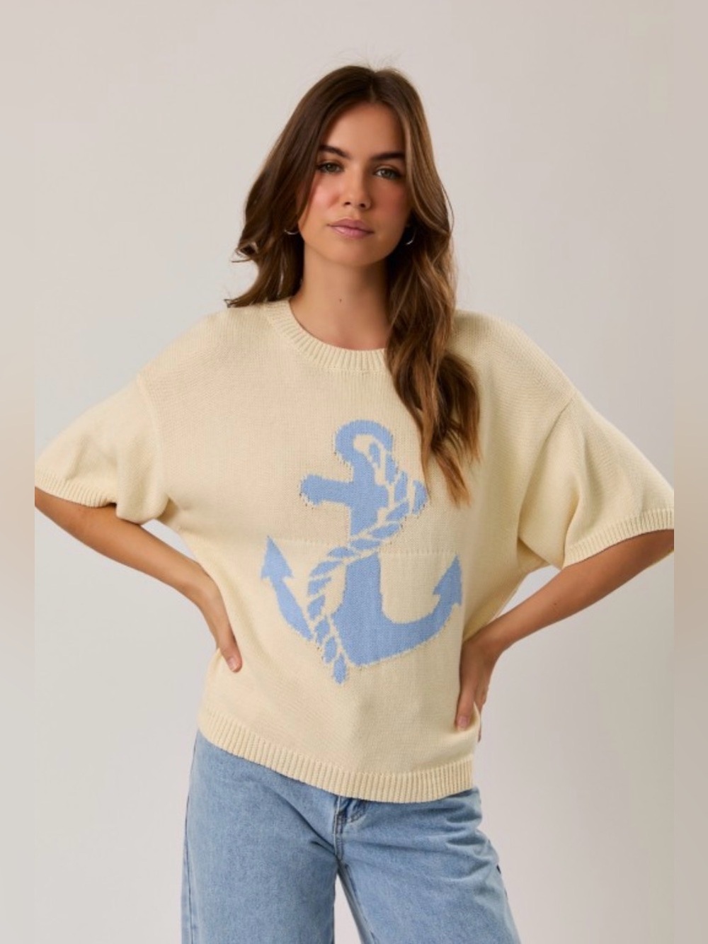 120. Le Lis Cream Crewneck Sweater with Light Blue Anchor